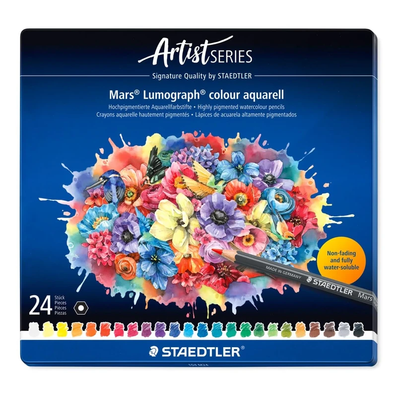 STAEDTLER Watercolour Pencil - 24 Assorted Colours - Mars Lumograph Colour Aquarell - Tin of 24, 104 M24