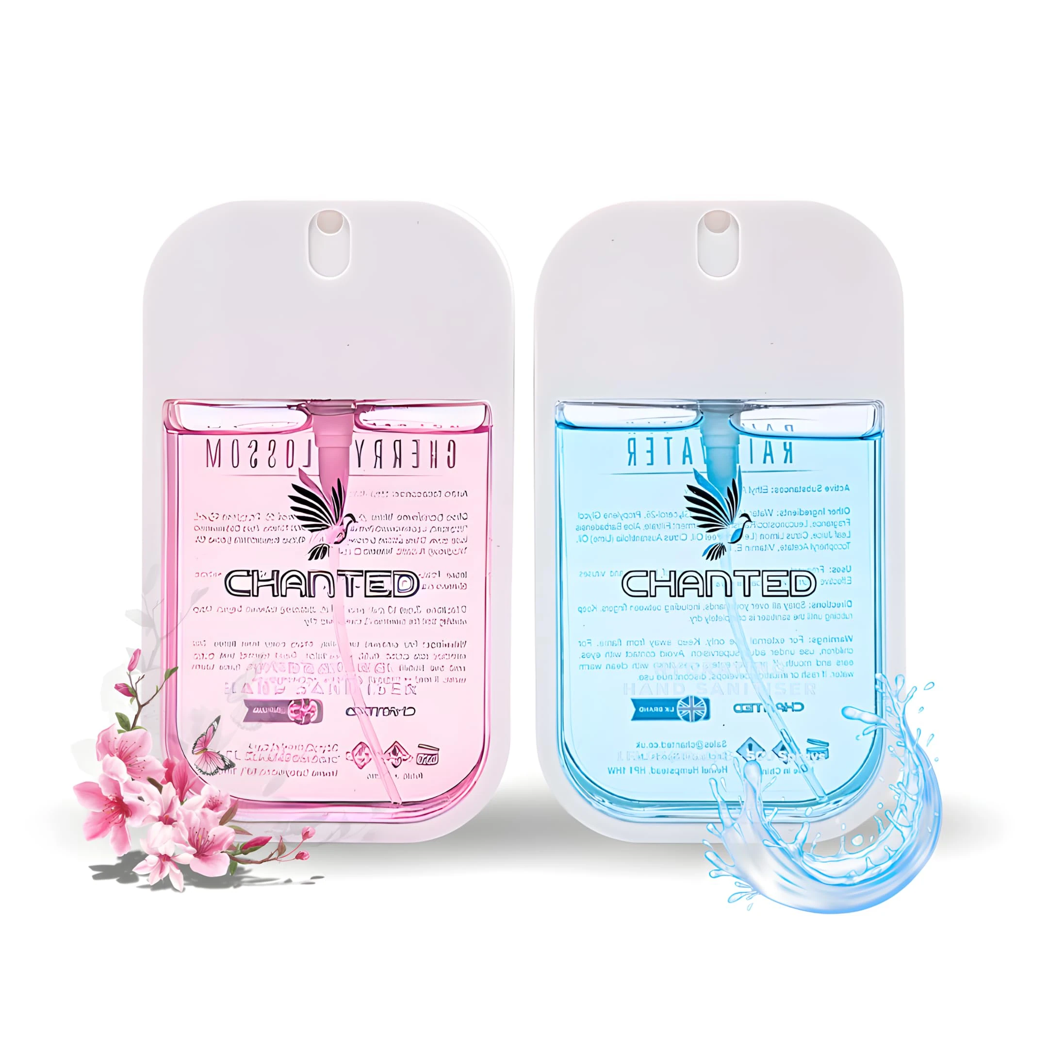 Chanted,Power Mist,Hydrating Hand Sanitizer Spray,Small Hand Sanitiser,Mini Travel Essentials,Hand Spray,Hand Sanitiser, Lush Duo (Cherry Blossom, Rainwater) 30 mL (Set of 2)