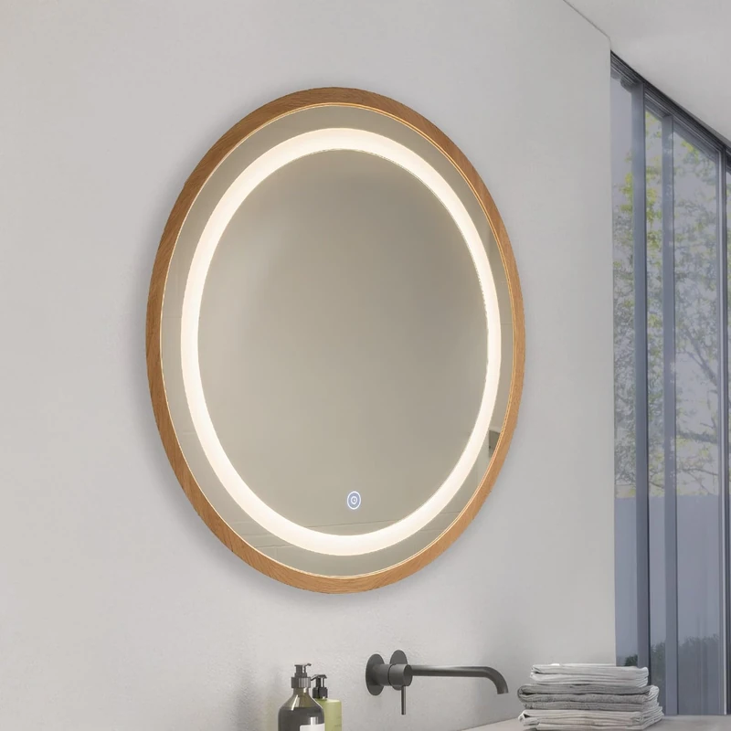 M Ledme - Bathroom Mirror with Light 60 x 60 cm, Wood Round Mirror 15W, Dimmable, 3 Light Colours, Touch Switch, HD Tempered Glass, IP44, Wood Finish