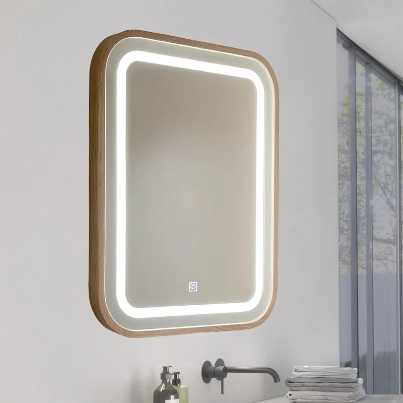 M Ledme - Bathroom Mirror with Light 60 x 80 cm, Wood Square Mirror 15W, Dimmable, 3 Light Colours, Touch Switch, HD Tempered Glass, IP44, Horizontal/Vertical