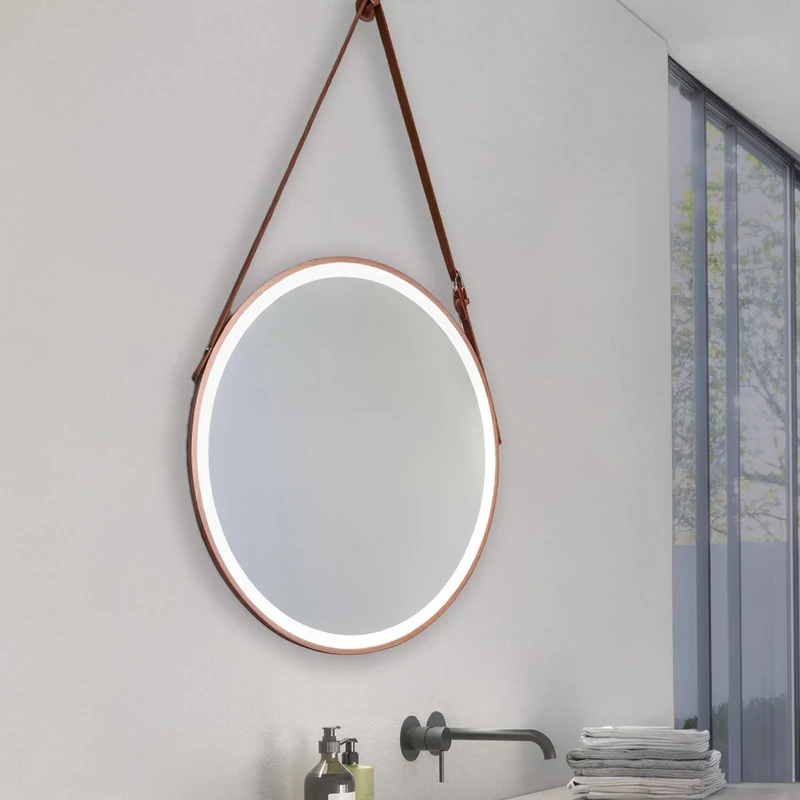 M Ledme - Bathroom Mirror with Light 60 x 60 cm, Circular Salt Mirror, 15W, Dimmable, 3 Light Colours, Touch Switch, IP44, HD Tempered Glass with Rope