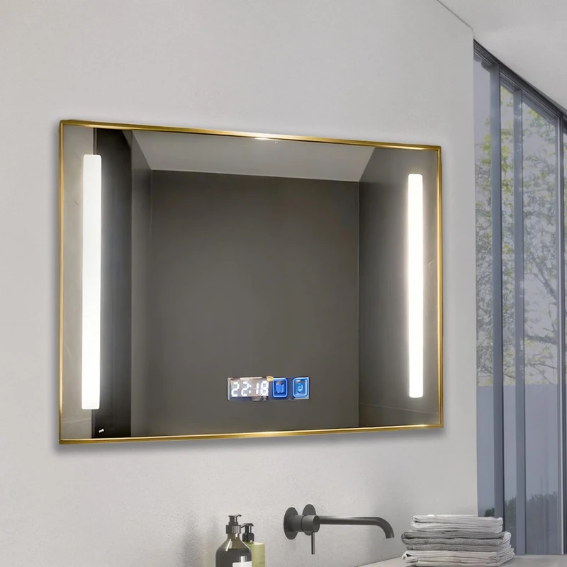 M Ledme - Bathroom Mirror with Light 100 x 70 cm, Sands Mirror with Anti-Fog Function, 12W, Adjustable, 3 Colours Light, Touch Switch, IP44, Tempered Glass HD Integrated Clock