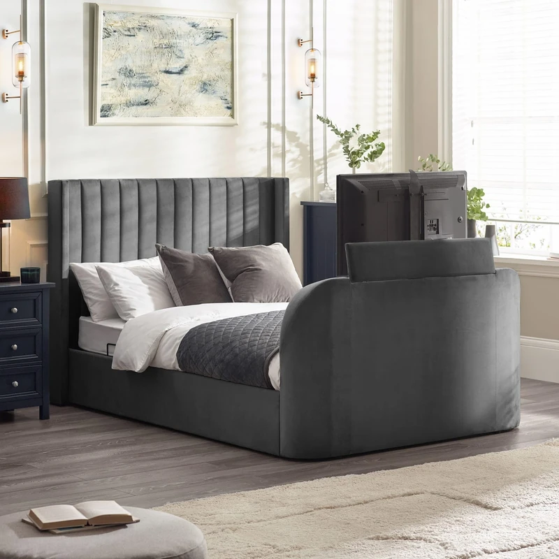 Julian Bowen Clara Ottoman TV Bed - Dark Grey Ottoman Super King Size Bed Frame with Side Lift Storage, 6ft/180cm, Velvet Upholstered Headboard, No Box Spring Needed - 168 x 213cm