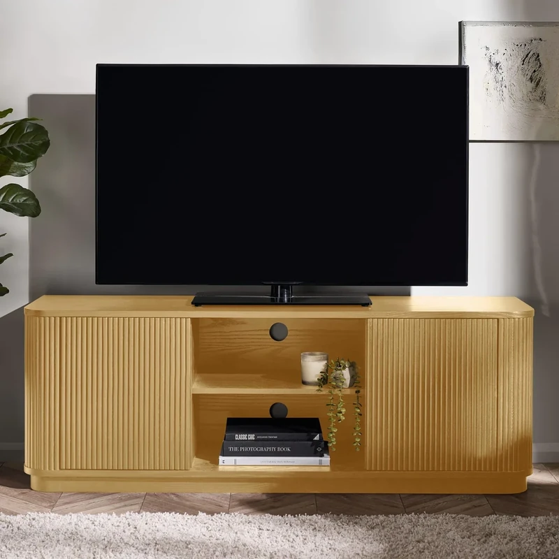 Julian Bowen Louis TV Stand - Oak Effect TV Unit for Up to 65 Inch TVs with 2 Recessed Push-Touch Doors & Central Open Shelves, Fluted Living Room Furniture - 53 x 150 x 40cm
