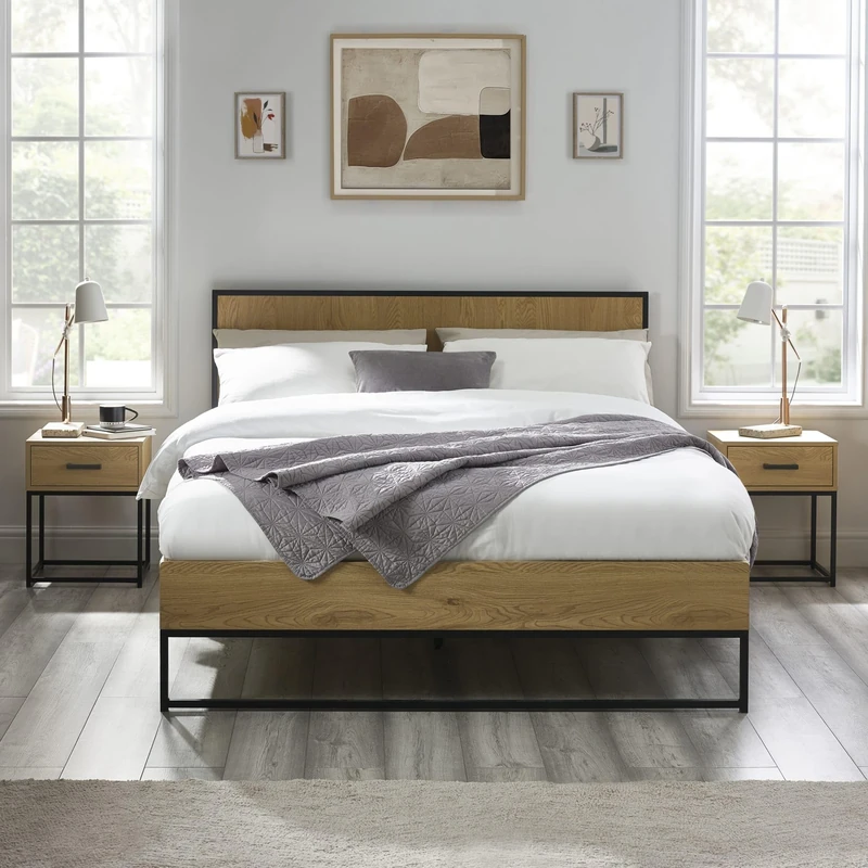 Julian Bowen Harlow King Bed - Oak Effect Double Bed Frame with Wooden Headboard, Industrial Black Metal Legs & Sturdy Slats, 4ft6/135cm, No Box Spring Needed - 100 x 154 x 196cm