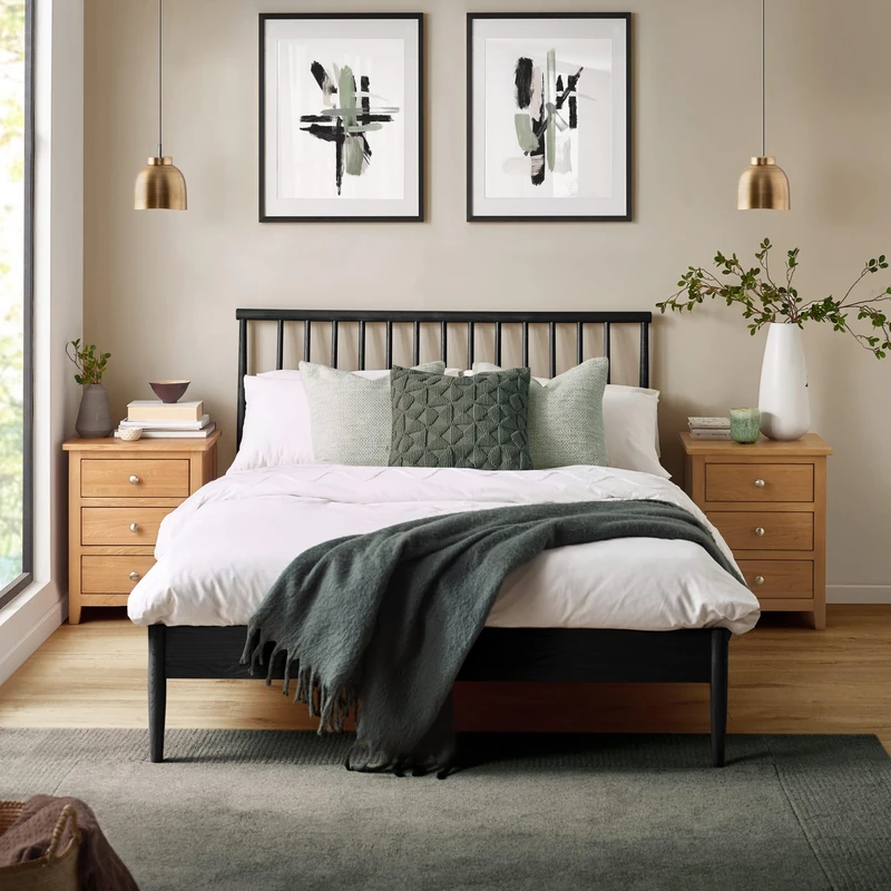 Julian Bowen Belton Double Bed - Black Wood Bed Frame with Spindle Headboard, 135x190cm/4ft 6in, No Box Spring Needed, Mid-Century Modern - H 102 x D 211cm