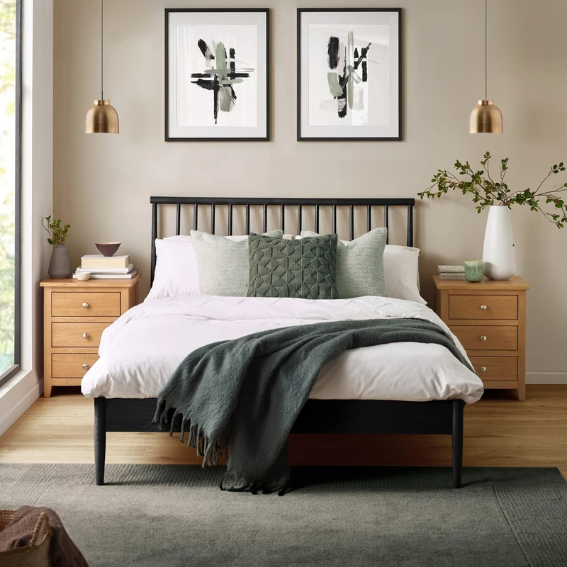 Julian Bowen Belton King Bed - Black Wood King Size Bed Frame with Spindle Headboard, 150x200cm/5ft, No Box Spring Needed, Mid-Century Modern - H 102 x D 219cm