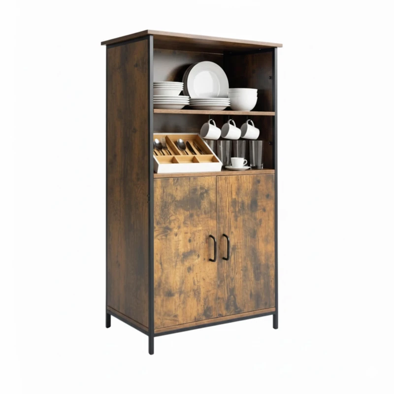 Relaxdays kitchen cabinet, industrial style, kitchen shelf with doors, HWD: 124.5 x 60 x 35 cm, vintage design, brown