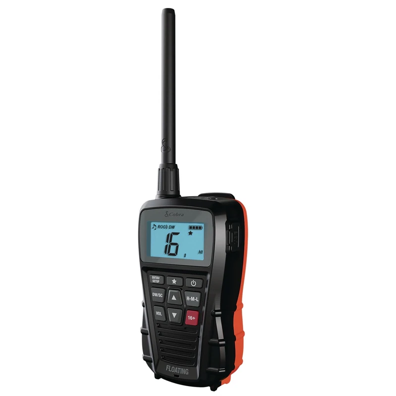 Cobra BlueBound 150 Handheld VHF Marine Radio – 3 Watt, Floating, IPX7 Waterproof, Submersible, LCD Display, Memory Scan, Belt Clip, Black