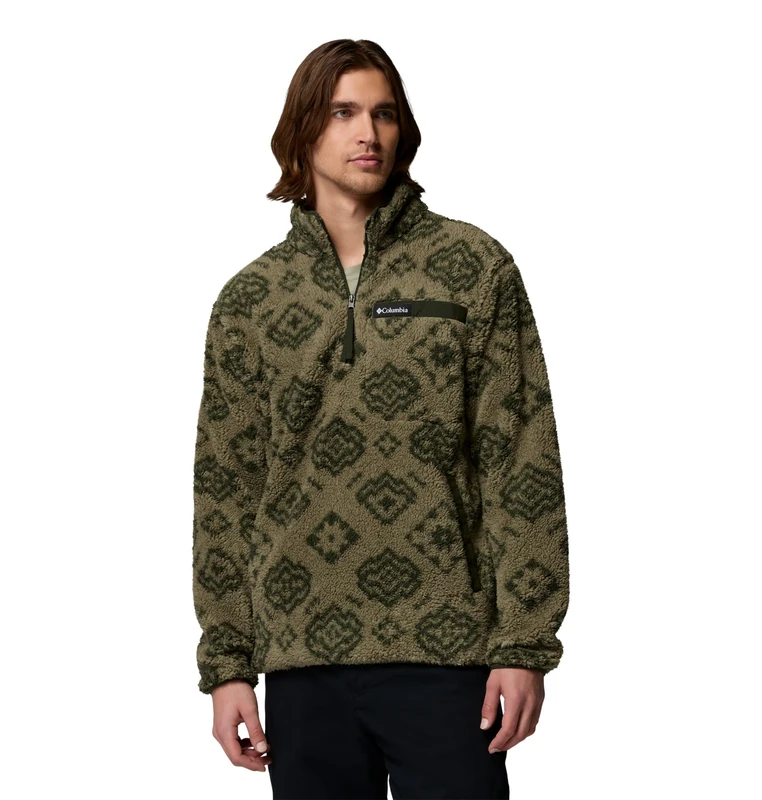 Columbia Men's Rugged Ridge High Pile Half Zip, Fleece Pull Over, Stone Green Checked Out/Greenscape, Large