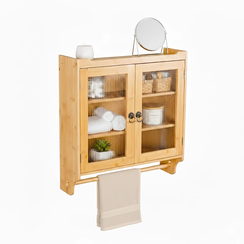 Relaxdays bamboo wall cabinet with towel rail, 2 acrylic glass doors, HWD: approx. 63 x 60 x 18 cm, natural