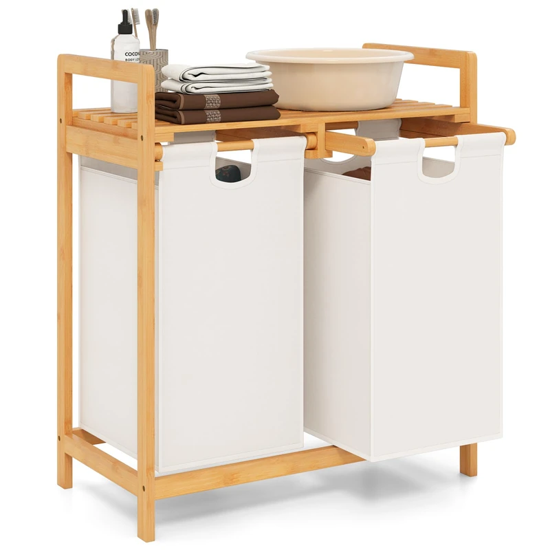 FANTASK Laundry Hamper 2 Compartments, Laundry Basket Bamboo with Removable Laundry Bags & Storage Area, Laundry Sorter Sturdy for Bathroom, Bedroom, Living Room, White