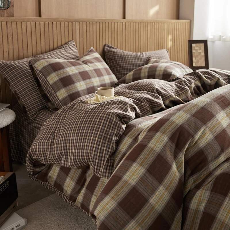 EAVD Vintage Coffee Plaid Duvet Cover King Soft 100% Muslin Cotton Yellow Green Coffee Grid Checkered Plaid Bedding Set with 2 Pillowcases Farmhouse Reversible Gingham Duvet Cover with Zipper Closure