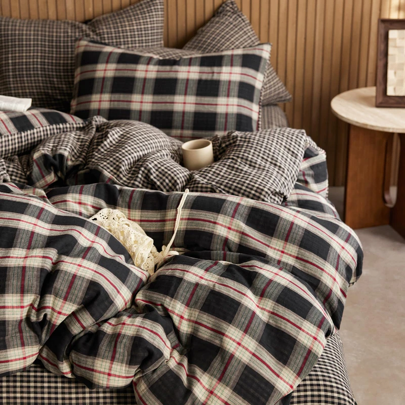 EAVD Vintage Style Black Plaid Duvet Cover Full 100% Muslin Cotton Retro Red Green Black Grid Checkered Plaid Bedding Set with 2 Pillowcases Reversible Gingham Duvet Cover with Zipper