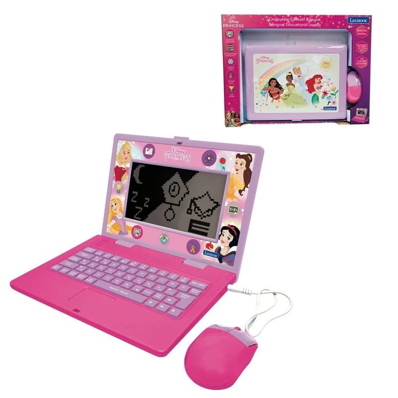 LEXIBOOK, Disney Princesses Bilingual Educational Laptop with 170 Activities (85 in Each Language), Large 6.7” Screen, English/French, Pink, JC599DPi1LXB