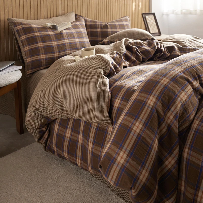 EAVD Vintage Style Brown Plaid Duvet Cover Full Soft 100% Muslin Cotton Brown Green Blue Grid Checkered Plaid Bedding Set with 2 Pillowcases Reversible Farmhouse Gingham Duvet Cover with Zipper