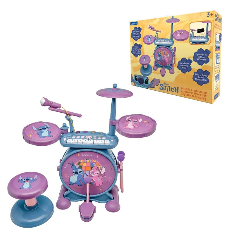 LEXIBOOK, Complete Light-Up Electronic Drum Set with Keyboard, Cymbals, and Stitch Stool, Blue, K610DLXB