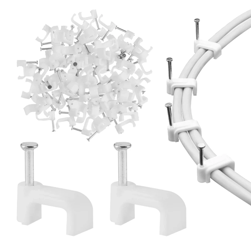Flat Cable Clips White 100 Pcs for Cat6 Cat7 Ethernet Cable-Clip to Wall with Steel Nails 10mm 12mm Cord Holder Cable Wall Clips & Flat Cable-Clips for Both Indoor and Outdoor (100Pcs White 10mm)