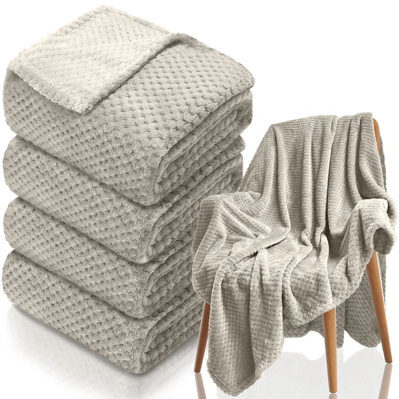 Tewloss 4 Pack Fleece Throw Blankets 50x60 Inches - 270 GSM Ultra Soft Plush Flannel for Bed Couch Sofa, Lightweight Warm 3D Waffle Texture, No Shedding No Pilling All Season Throw (Light Beige)