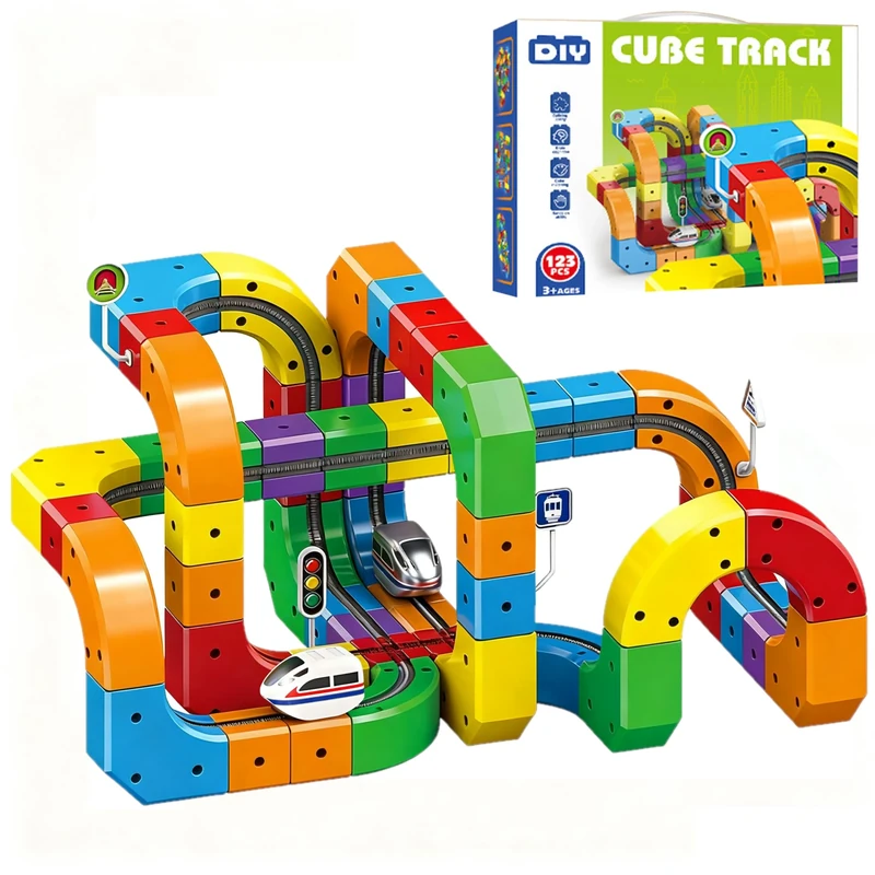 Clickrail Electric Train Set, Track Fusion Toy, Magic Rail Cube Train Set, with Gravity-Defying Motorized Train, 3D Embedded Layouts Train Track Set, DIY Cube Track, for Kids (123PCS)