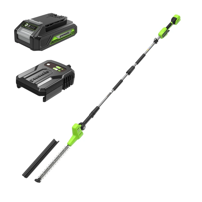 Greenworks 24V Cordless Pole Hedge Trimmer with Split Shaft, 51cm Dual Action Blades, Blade Cuts Up to 28mm, 112.5 Degree Head Pivot, 3200spm, with 2Ah Battery & Charger, 3 Year Guarantee PH24B211-01