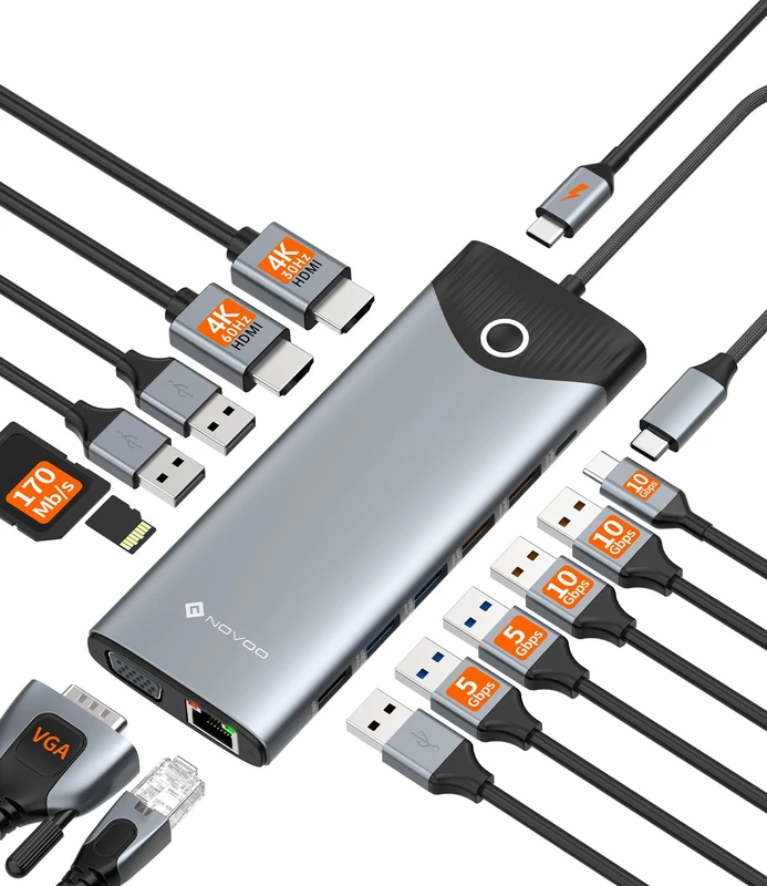 NOVOO 15 in 1 Triple Display Docking Station, USB-C Docking Station, On/Off Button, HDMI 4K@60Hz, USB-C/A 10Gbps, VGA, 100PD, SD/TF Multiport Dock for MacBook Pro Air iPad Lenovo Dell