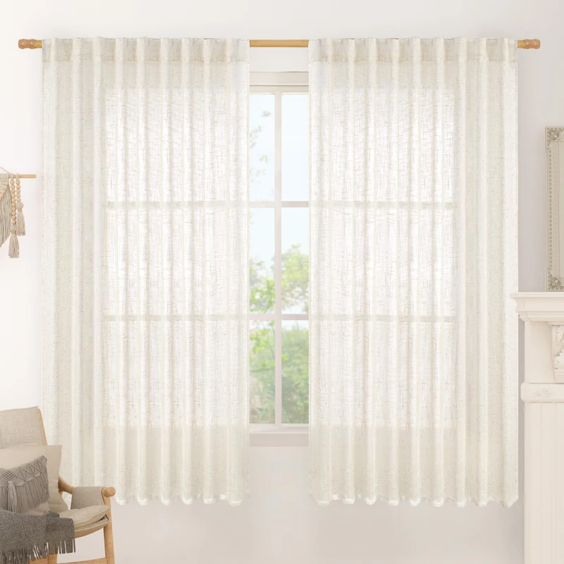 LAMIT Light Filtering Linen Curtains 63 inches Long, Cream Linen Textured Semi Sheer Back Tab and Rod Pocket Boho Drapes for Bedroom/Living Room, 2 Panels, 70 x 63 Inch