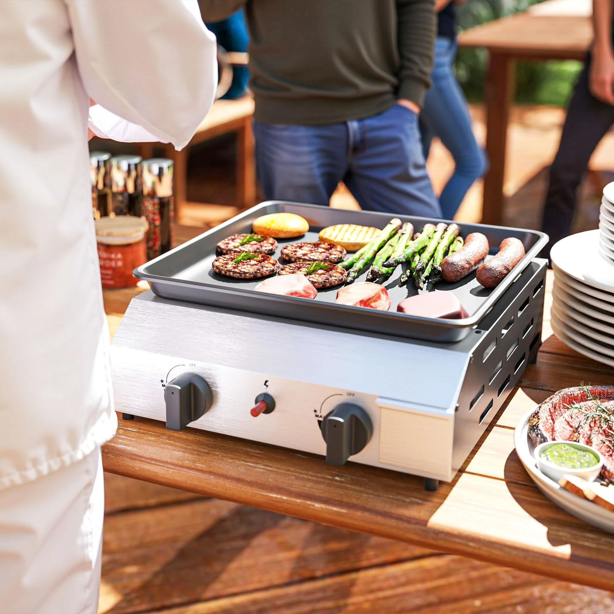 Portable Gas Grill with 2.4kW Burners and Non-Stick Enameled Plancha for Outdoor Cooking, Compact BBQ for Garden or Patio Use