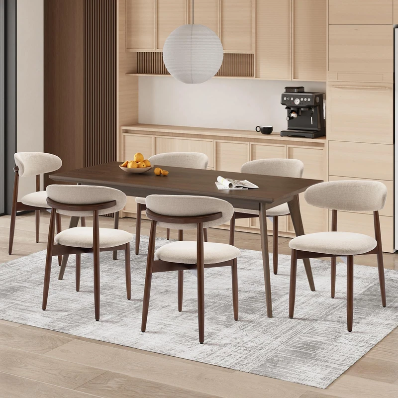 COLAMY Wooden Dining Chairs Set of 6, Modern Fabric Upholstered Kitchen Side Chairs, Farmhouse Dining Room Chair with Foot Pegs, Beige