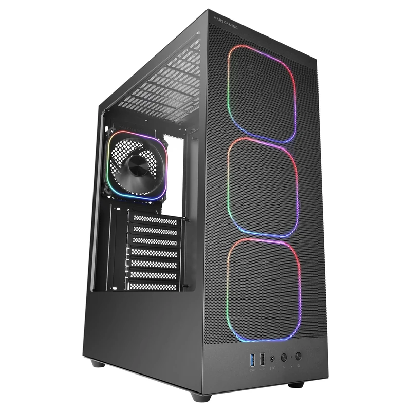 Mars Gaming MC-NEBULA ATX Gaming Case, 4 Line-Glow ARGB 120 mm Fans, Microperforated Metal Mesh Front, CableHatch, Tempered Glass Side, Black
