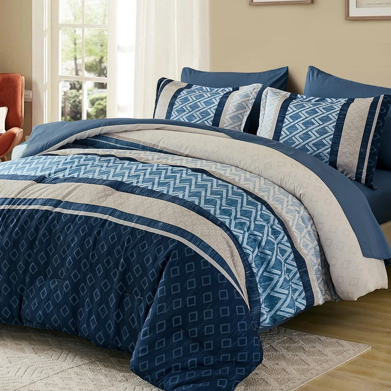 Cottolester Full Comforter Set 7 Pieces Blue Boho Striped Bed in a Bag,Soft Microfiber Complete Bedding Sets