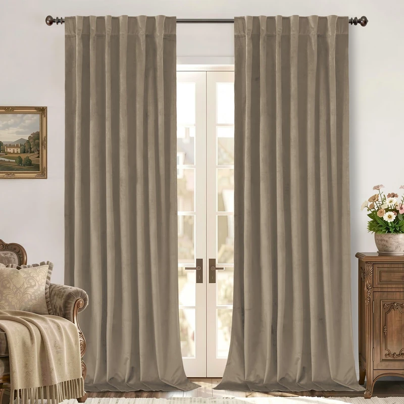 BGment Taupe Velvet Curtains for Living Room - 102 Inch Long Blackout Curtains Super Soft Room Darkening Thermal Insulated Drapes with Back Tab and Rod Pocket for Bedroom, 2 Panels, 52 x 102 Inch