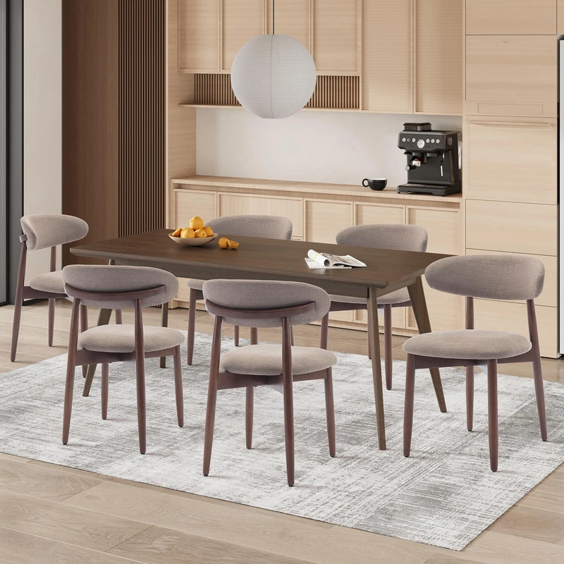 COLAMY Wooden Dining Chairs Set of 6, Modern Fabric Upholstered Kitchen Side Chairs, Farmhouse Dining Room Chair with Foot Pegs, Camel