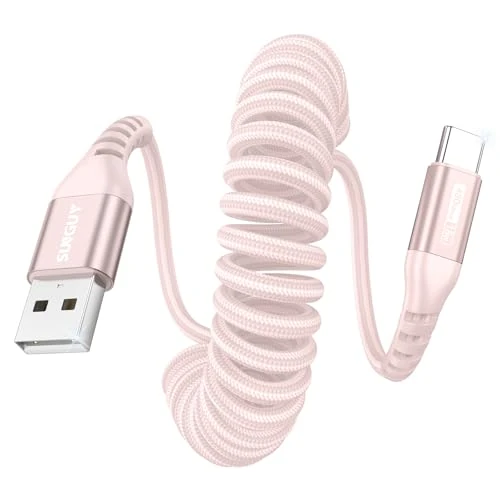 SUNGUY Coiled USB C Cable, 1Pack 1.8MRecommended Stretch Length: 0.5-1.2M USB to USB-C Cable and Data-Cable for Android Auto, CarPlay, iPhone 17/16/15 Series, Galaxy S24 Ultra, Pixel, Xiaomi - Pink