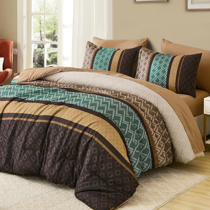 Cottolester King Comforter Set 7 Pieces Brown and Green Boho Striped Bed in a Bag,Soft Microfiber Complete Bedding Sets