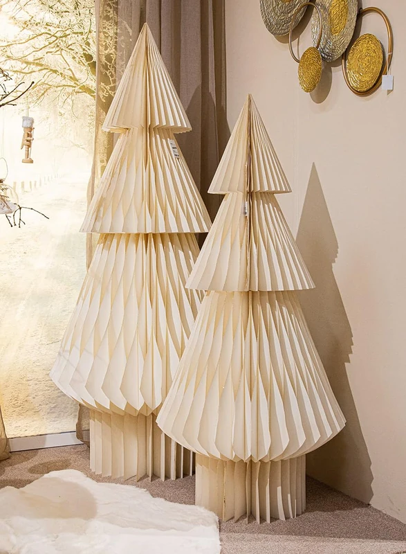 GILDE Decorative Honeycomb Christmas Tree Made of Paper – Glittering – Geometric Pattern – Cream – Height 121 cm x Diameter 56 cm – Christmas Decoration - Image 1