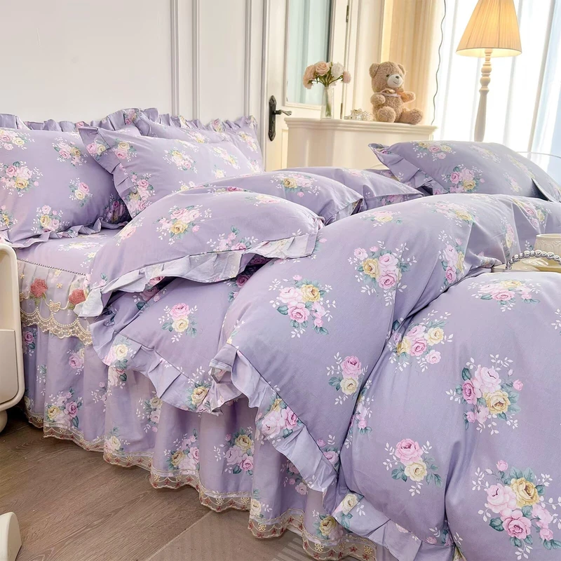 AMZTOP Rustic Purple Floral Duvet Cover Queen Size with 2 Pillowcases,100 Cotton Bed Set for Baby Kids,Soft Lightweight Breathable Ruffle Reversible Duvet Covers Teen Girls Queen 90"×90"