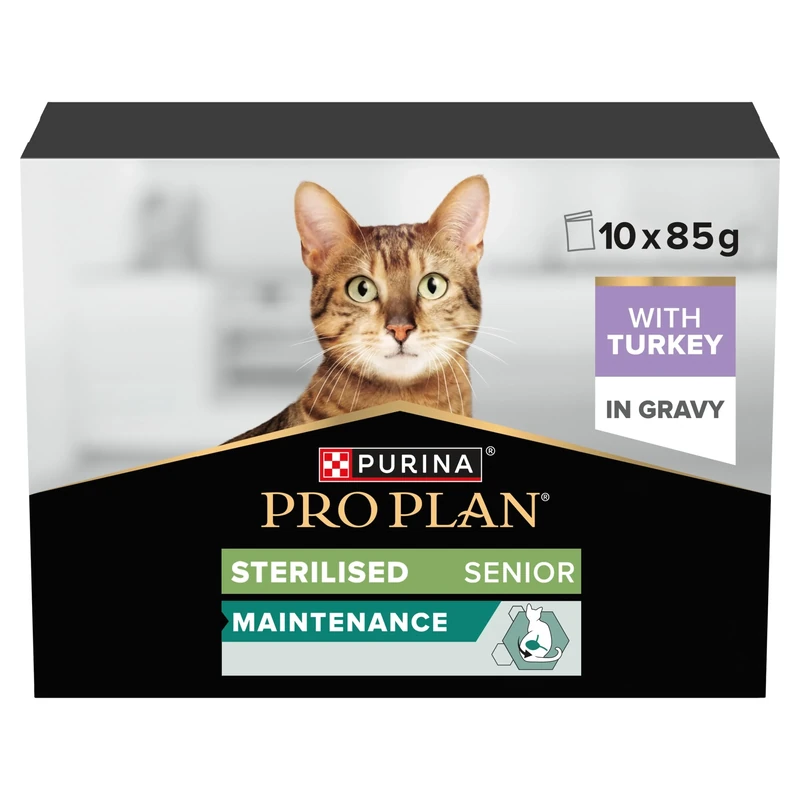 PRO PLAN Senior 7+ Sterilised Turkey in Gravy Wet Cat Food 10x85g (Pack of 4)