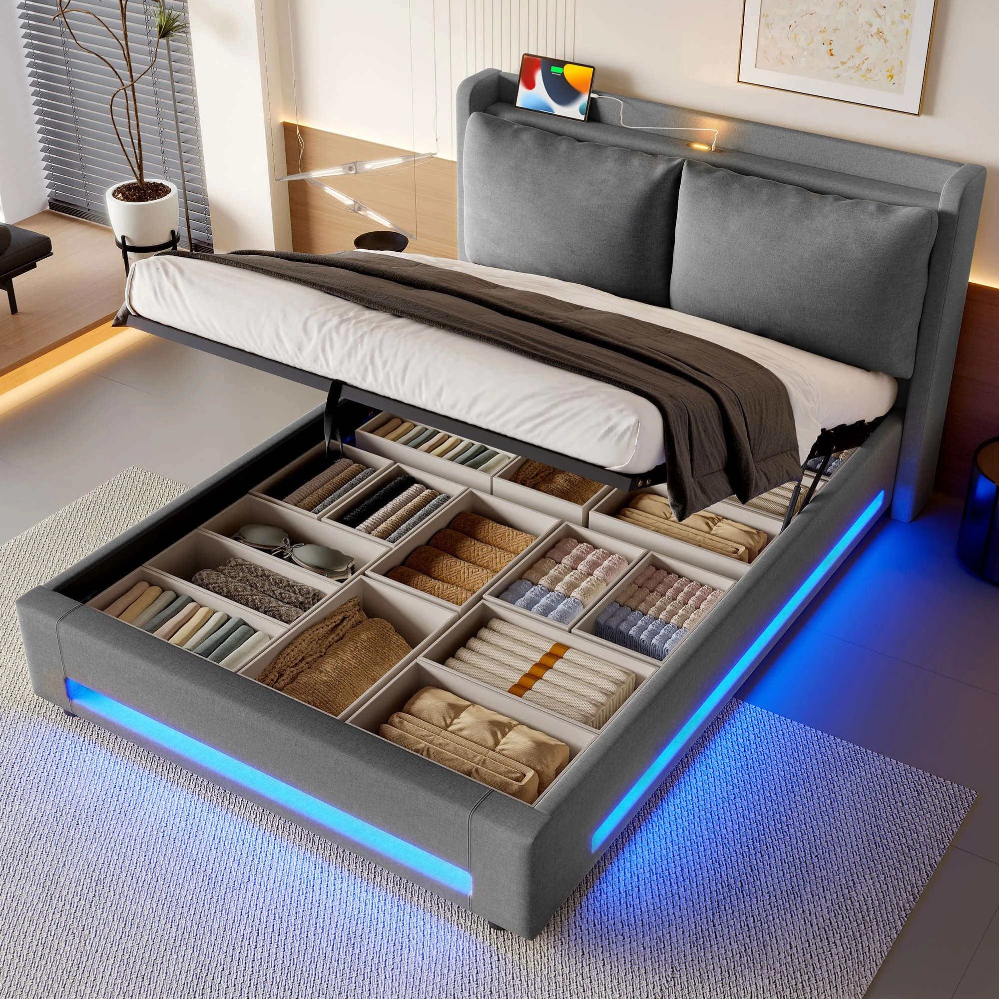 RIAZOS 6ft Upholstered Bed with Velvet Headboard, Built-In Storage Shelf, Dual USB-C Ports, Ambient LED Lighting, Hydraulic Lift System and Removable Pillows, 180 * 200 cm, No Mattress, Gray