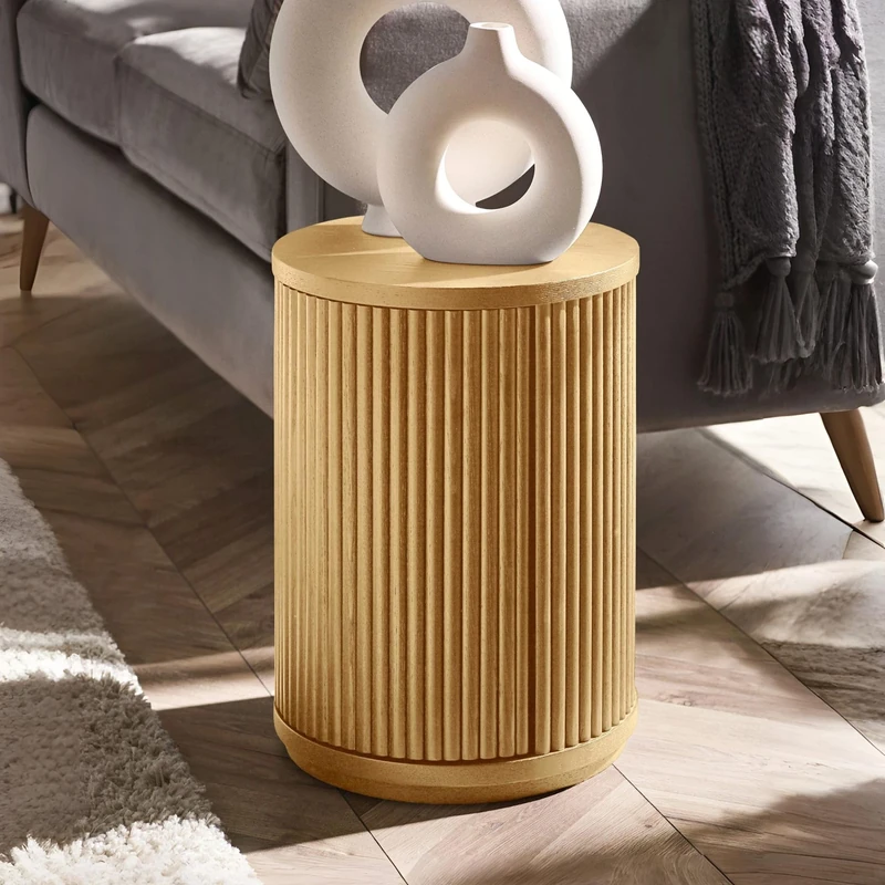 Julian Bowen Louis Side Table - Oak Effect Fluted End Table with Storage & Recessed Push-Touch Door for Living Room, Modern & Contemporary Bedside - 45.5 x 33 x 33cm