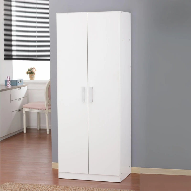 Home Source 2 Door Wardrobe – White Modern Hinged Door Wardrobe with Hanging Rail & Top Storage Shelf – Durable Particleboard Bedroom Furniture, Easy Flat Pack Home Assembly