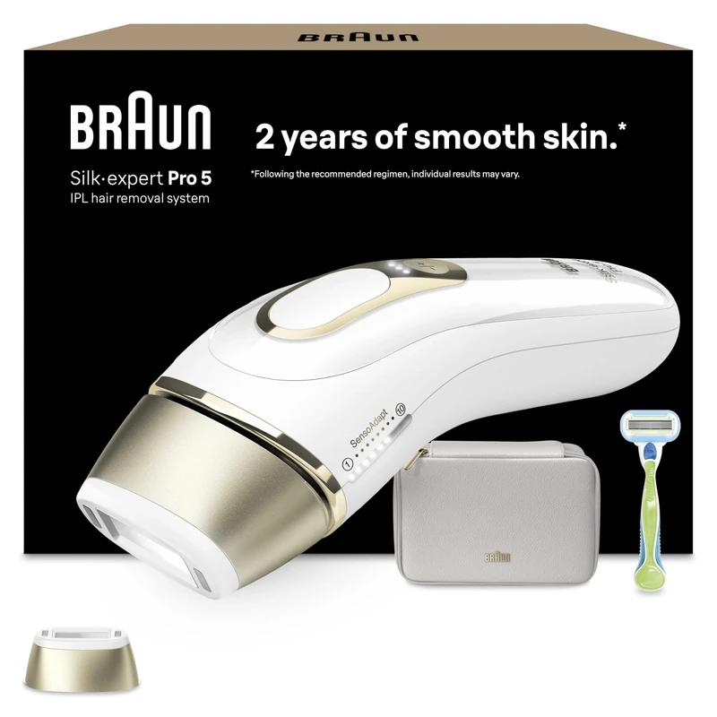Braun IPL Silk-Expert Pro 5, at Home Hair Removal Alternative for Laser Hair Removal, Includes Pouch and Venus Razor, 2 Years of Smooth Skin, Gift for Women, White/Gold, PL5052