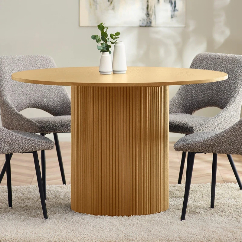 Julian Bowen Louis Dining Table for 4 People, 120cm Oak Effect Round Kitchen Table for Dining Room with Fluted Pedestal Base, Contemporary Dinner Tabletop, 76 x 120cm