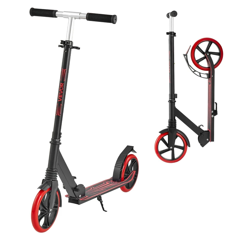 VEVOR Kick Scooter for Kids Ages 8+, Teens & Adults, 2-Wheel Toddler Scooter with Adjustable Height Handlebar, Wide Anti-Slip Deck, Foldable Lightweight for Boys & Girls up to 220 lbs, Black + Red