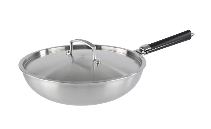 Kamberg - Stainless Steel Wok 24 cm Removable Handle - 18/10 Stainless Steel Triply - Suitable for All Heat Sources Including Induction and Oven