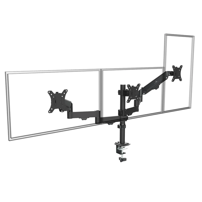 Maclean MC-137 Bracket for 3 Monitors 17-27 Inch with Gas Springs, Height Adjustable, Swivel, Tilt, Robust Steel Construction, VESA 75 x 75, 100 x 100, Cable Management, Black