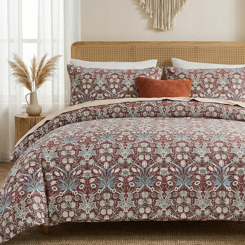 Cozeline 100% Cotton Duvet Cover King Size, Red Paisley Print Bedding Set with Zipper Closure, 3 Pcs Breathable and Luxury Duvet Cover for All Season