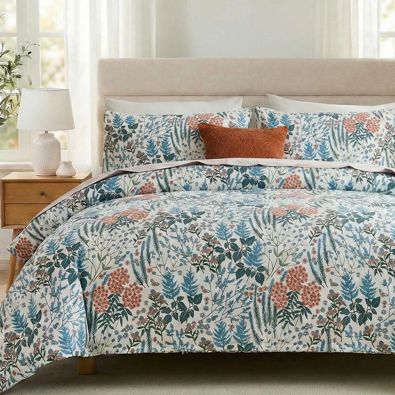 Cozeline 100% Cotton Duvet Cover Queen Size, Blue and Red Floral Bedding Set with Zipper Closure, 3 Pcs Breathable and Soft Botanical Duvet Cover for All Season