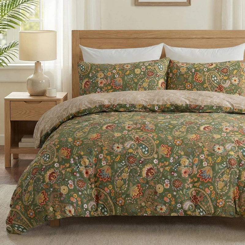 Cozaline 100% Cotton Duvet Cover King Size, Green Paisley Pattern Bedding Set with Zipper Closure, 3 Pcs Bohemian Breathable and Soft Duvet Cover for All Season