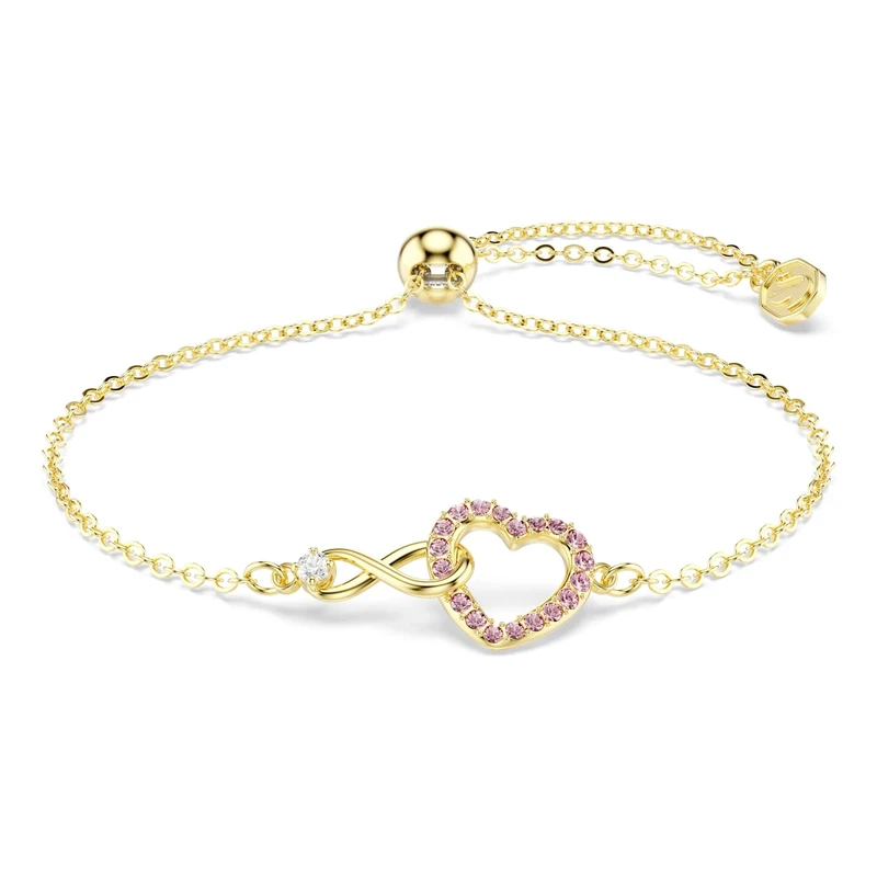 Swarovski Hyperbola bracelet, Round cut, Pavé, Infinity and heart, Pink, Gold-tone plated